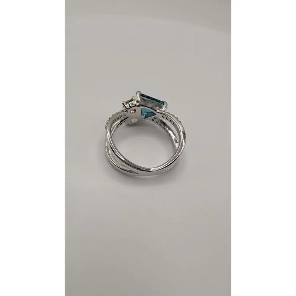 Elegant Silver Ring with Blue and Clear Gemstones Size 6